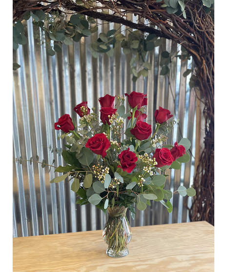 Dozen Tall Red Roses Arrangement w/ Filler