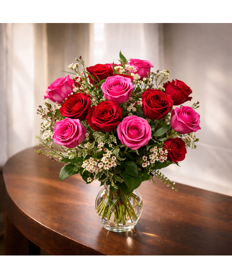 Dozen Tall Hot Pink and Red  Roses w/ filler