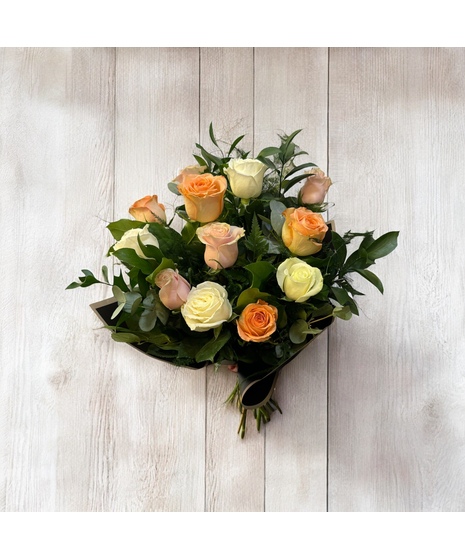 Dozen peach white pink roses Wrapped