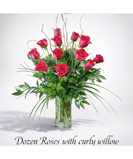 Tall Dozen Red Roses with Curly willow