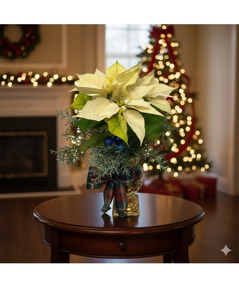 White Poinsettia In gold urn