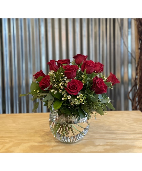 Dozen Red Roses with  Filler in Bubble Bowl