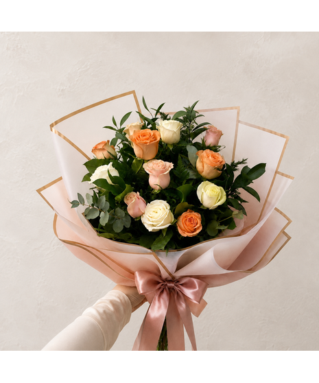 Dozen peach white pink roses Wrapped