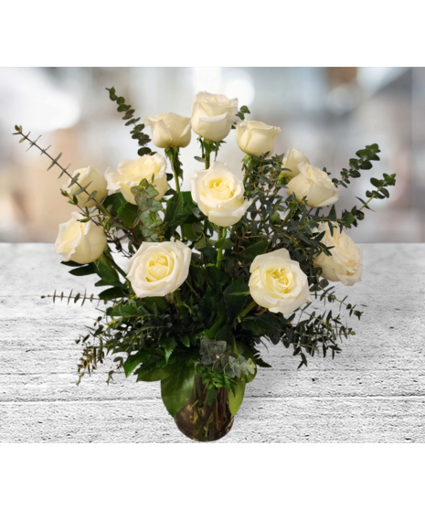 Cream Dozen Roses with Eucalyptus