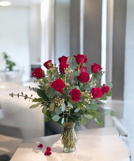 Dozen Tall Red Roses Arrangement w/ Filler