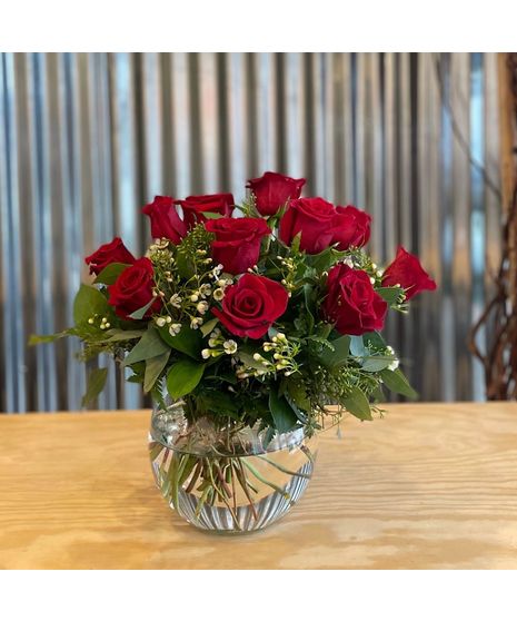Dozen Red Roses with Filler in Bubble Bowl