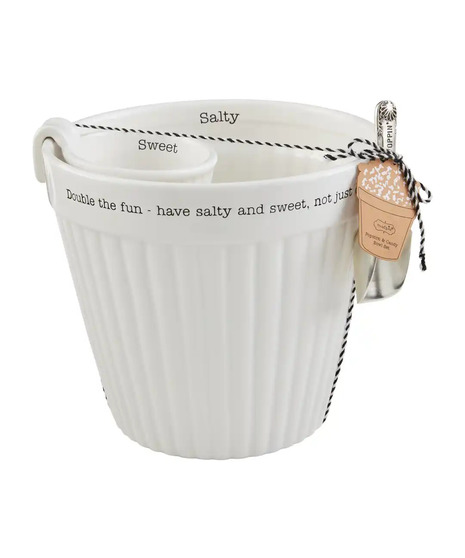 ceramic popcorn tub, ceramic candy bowl, and a silver-plated scoop